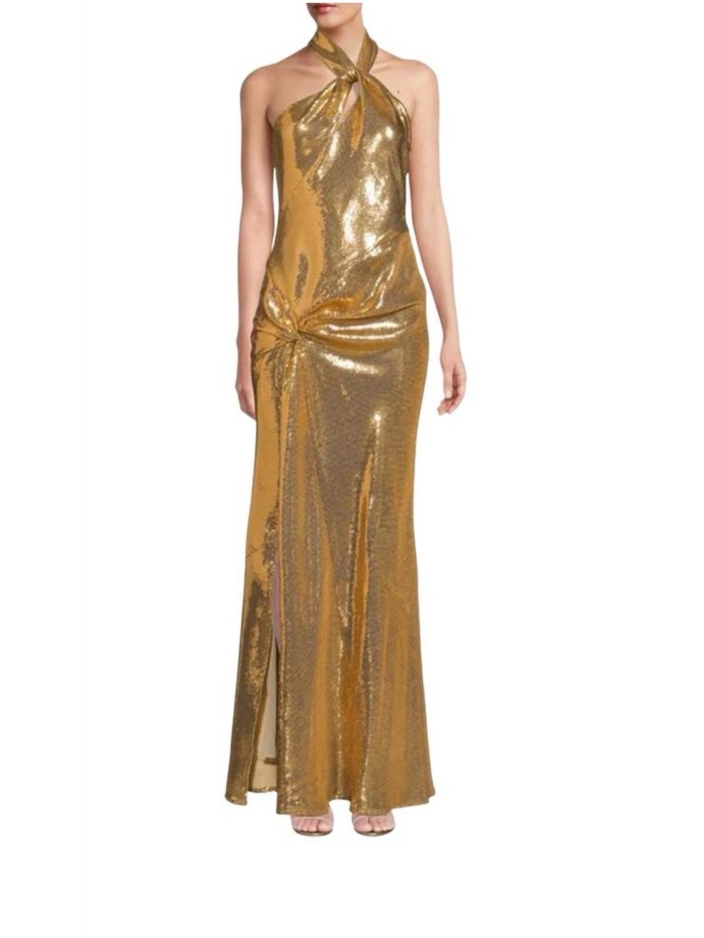 Ronny Kobo Women’s Selina Sequin Twist Halter Gown – Gold, New with tag